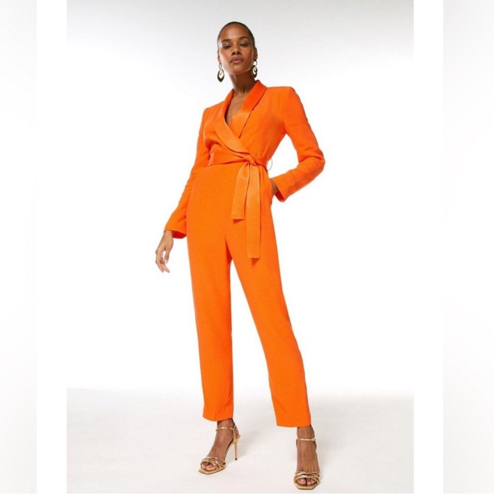 Karen Millen Tuxedo Long Sleeve Orange Jumpsuit Chic Wedding Bright Citrus sz 4
